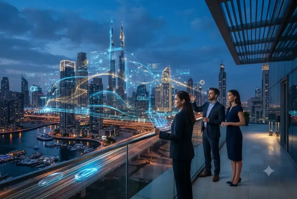 Futuristic Dubai skyline representing artificial intelligence and smart city technology