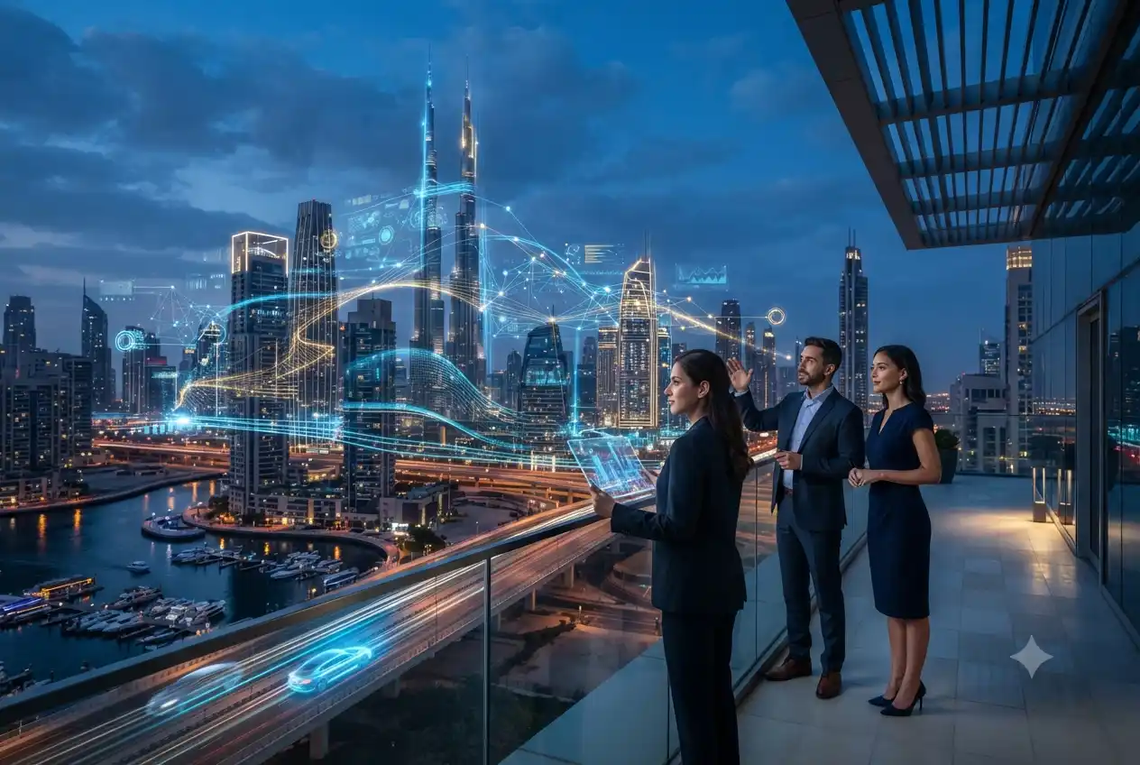 Futuristic Dubai skyline representing artificial intelligence and smart city technology