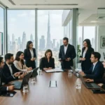 Business professionals discussing B2B services during a corporate meeting in a modern UAE office.