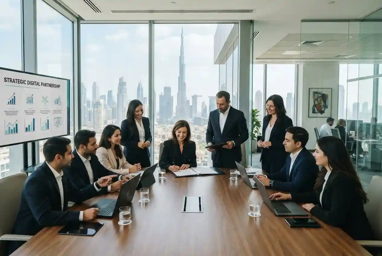 Business professionals discussing B2B services during a corporate meeting in a modern UAE office.