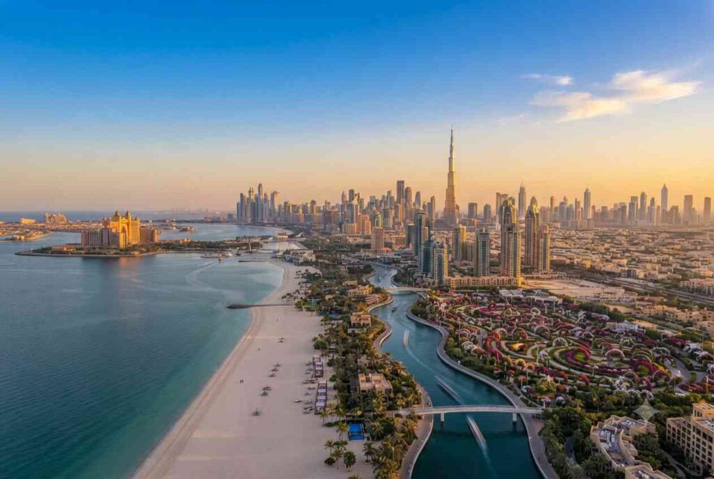 Scenic view of beautiful places in Dubai including Burj Khalifa, Palm Jumeirah, and Dubai Marina.