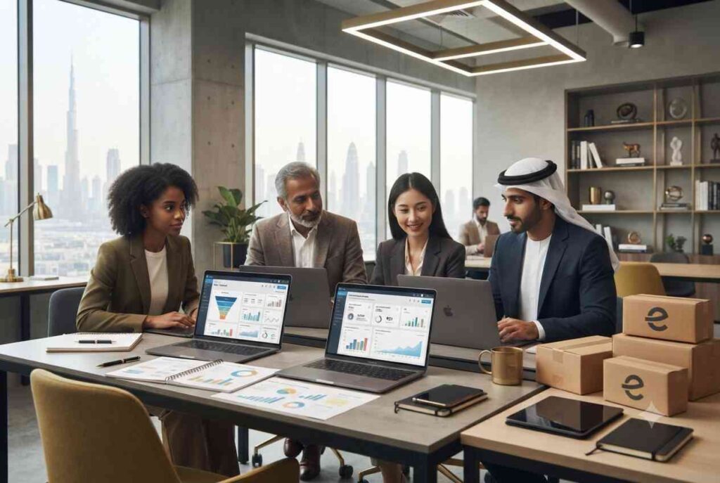 Entrepreneurs planning profitable online businesses in a modern Dubai workspace