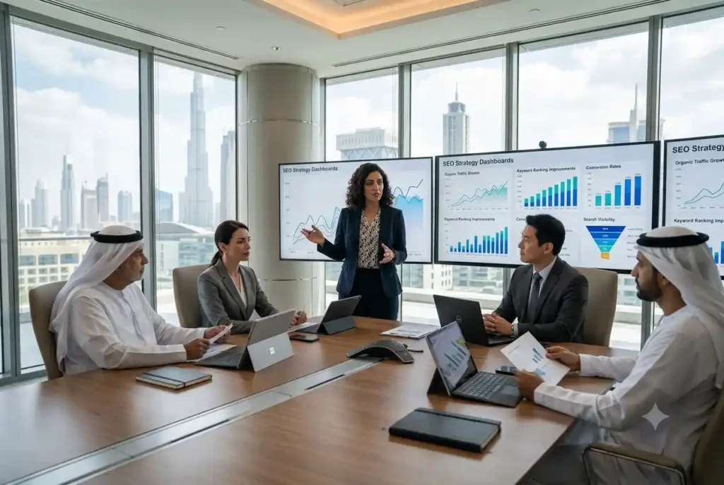 SEO consultants in Dubai presenting digital marketing and search optimization strategies to business leaders.