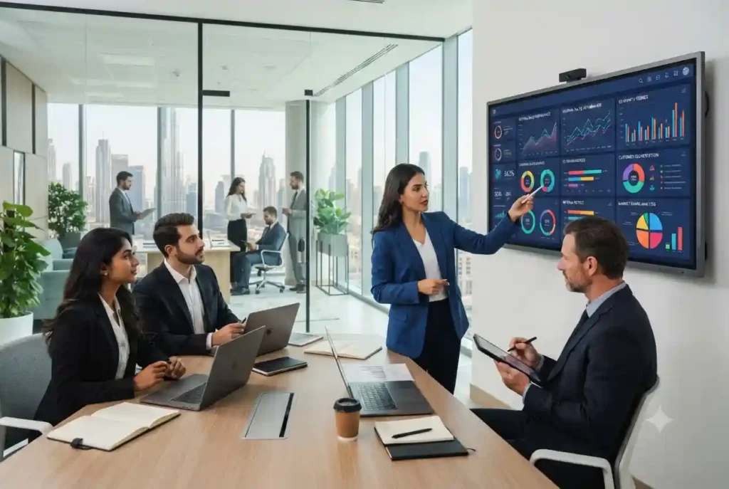 Business professionals analyzing analytics dashboards in a modern UAE office