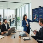 Business professionals analyzing analytics dashboards in a modern UAE office