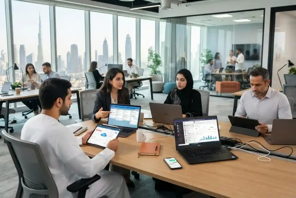 UAE professionals using business productivity apps on laptops and mobile devices