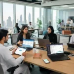 UAE professionals using business productivity apps on laptops and mobile devices