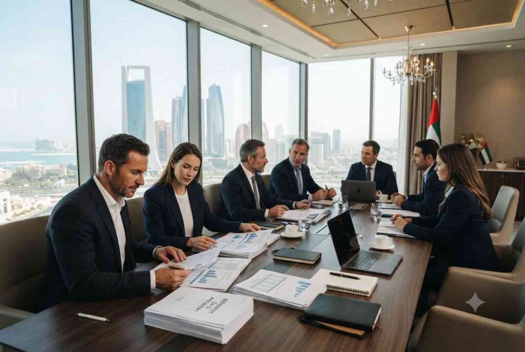 Investors reviewing a business for sale opportunity in a professional office environment