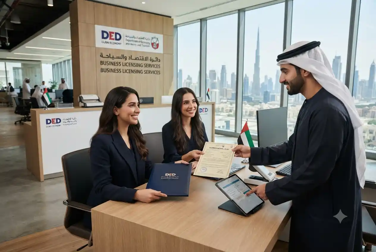 Entrepreneur receiving business license in Dubai office