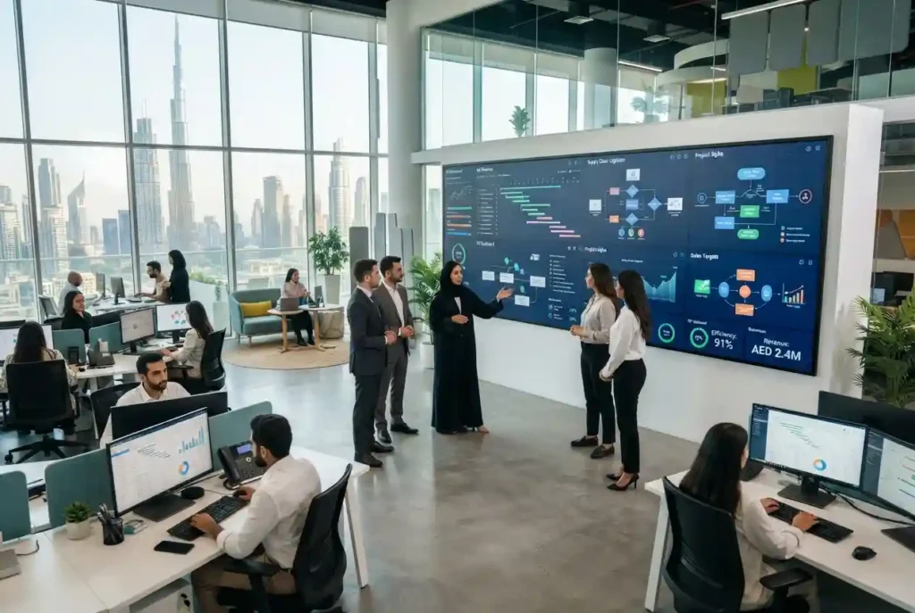 Business professionals managing workflows and operations in a modern UAE office