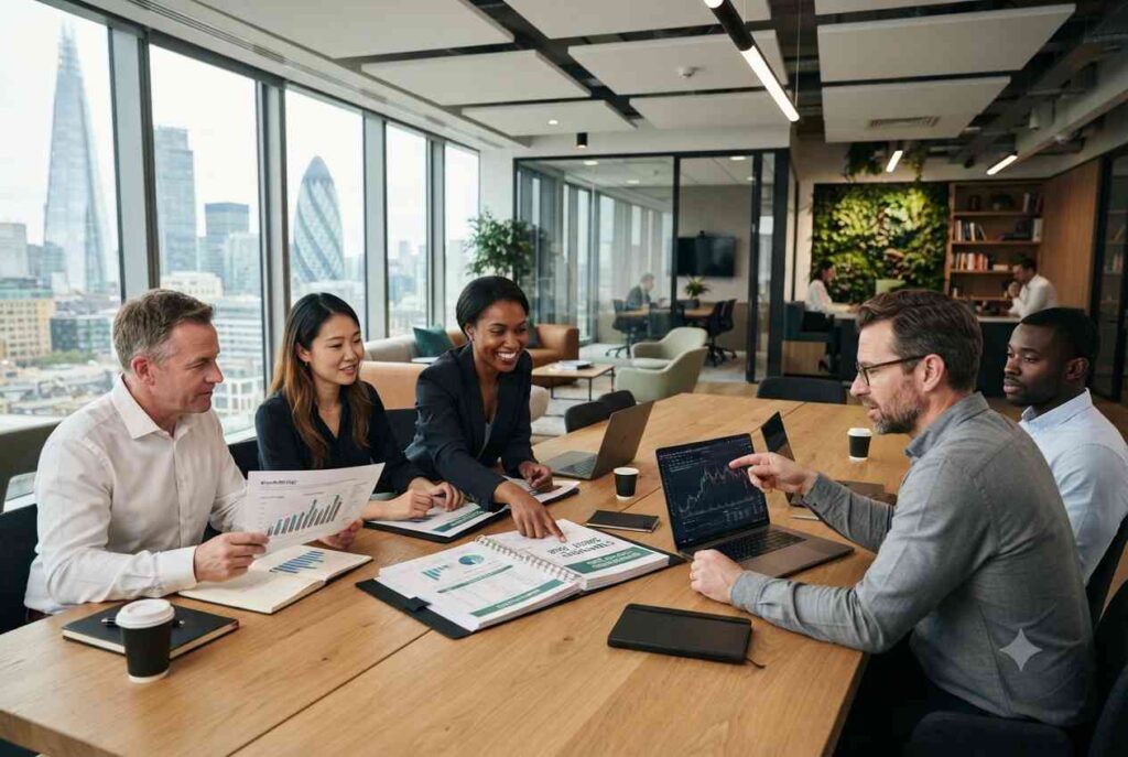 Business owner reviewing a professional business plan and growth strategy