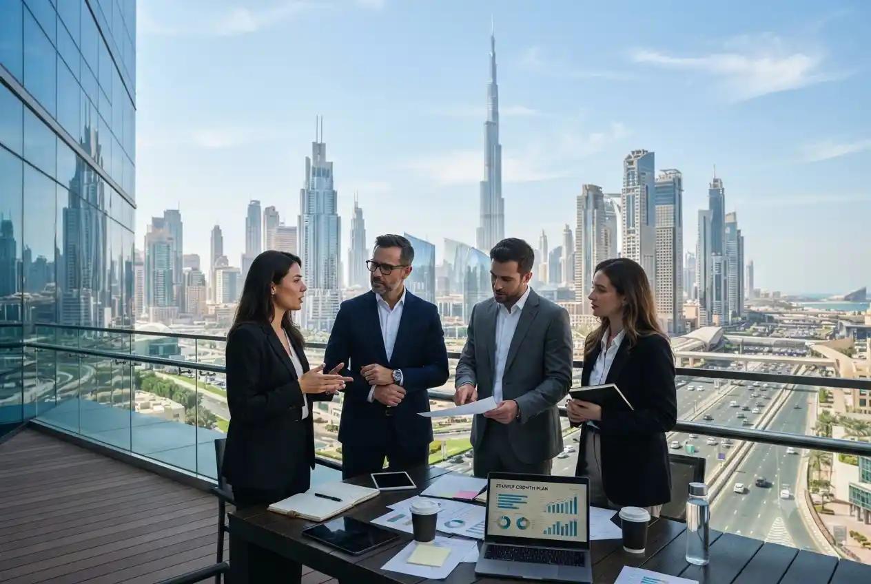 Entrepreneurs planning business setup in Dubai with skyline view