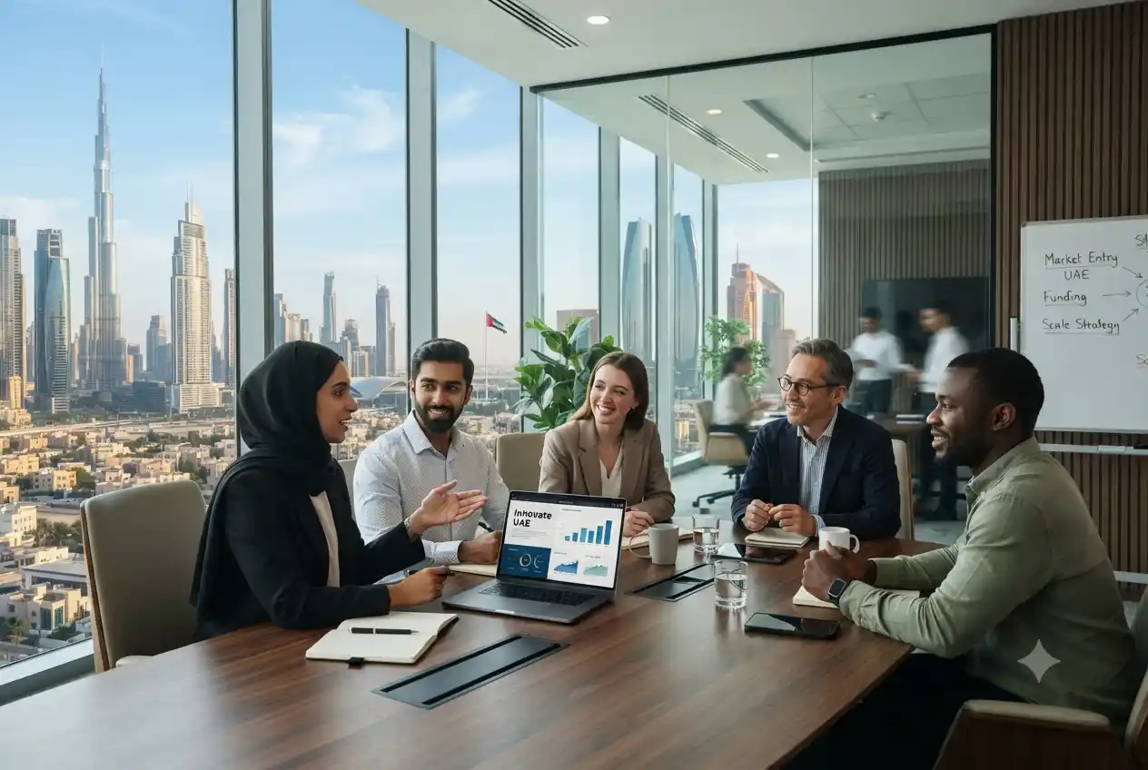 Entrepreneurs planning business setup in UAE with modern skyline