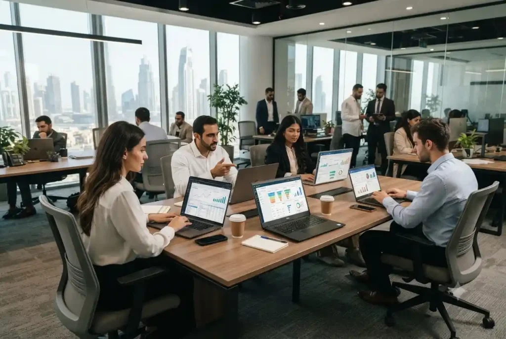 Professionals using business software dashboards in a modern UAE office