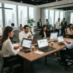 Professionals using business software dashboards in a modern UAE office