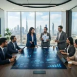 Business executives reviewing integrated business solutions and digital workflows in a UAE corporate office.