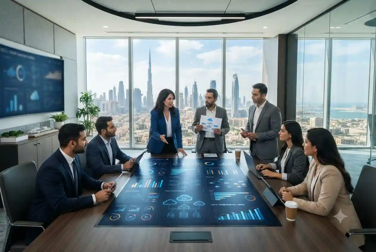 Business executives reviewing integrated business solutions and digital workflows in a UAE corporate office.