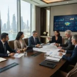 Corporate executives planning business growth and expansion in a modern UAE office.