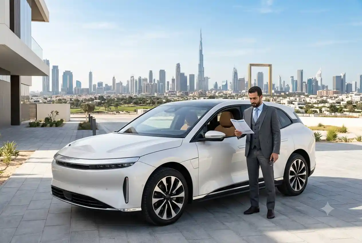 Driver reviewing a motor insurance policy beside a car in the UAE.
