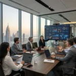 Business professionals discussing commercial services and operational strategy in a modern UAE office.
