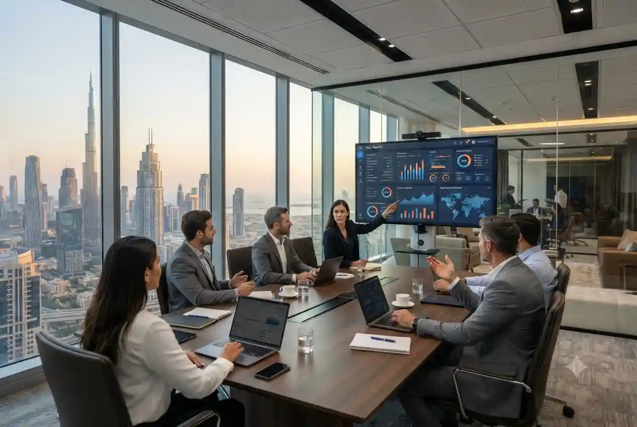 Business professionals discussing commercial services and operational strategy in a modern UAE office.