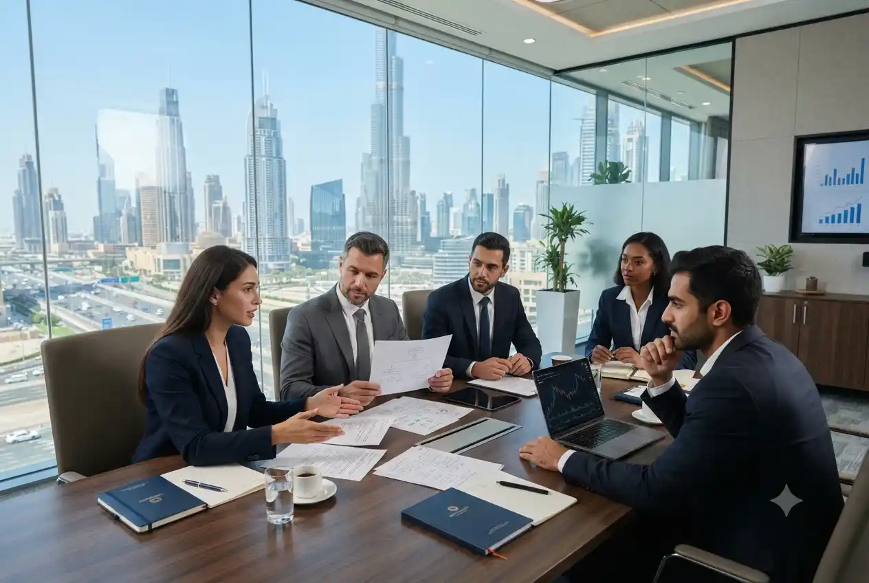 Entrepreneurs discussing company formation in Dubai office