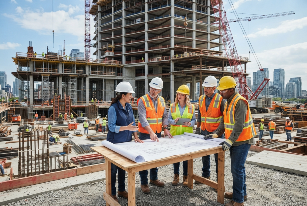 Construction professionals managing a commercial building project