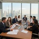 Corporate professionals managing business administration and compliance in a modern UAE office.