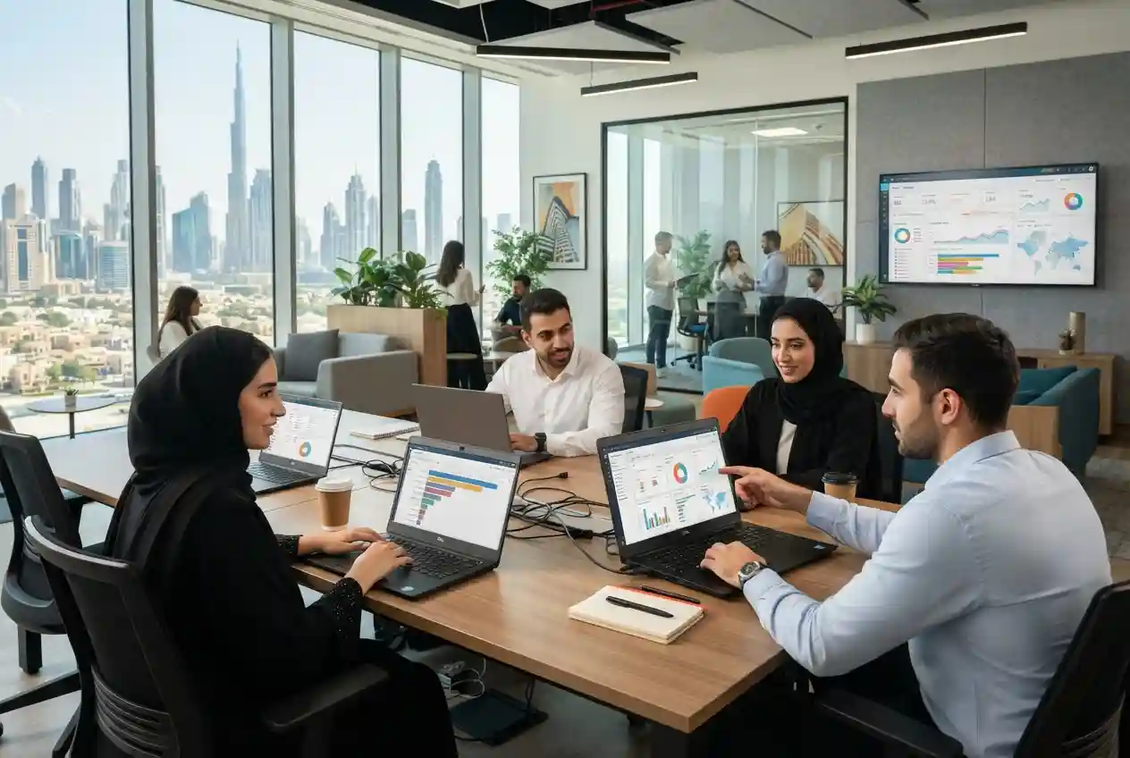 Sales professionals using CRM software to manage customer relationships in a UAE office