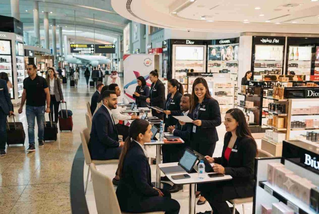 Job seekers applying for Dubai Duty Free career opportunities at Dubai International Airport.