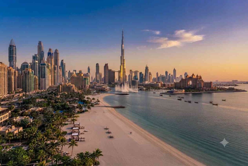 Dubai tourist attractions featuring Burj Khalifa, Dubai Marina, and Palm Jumeirah.