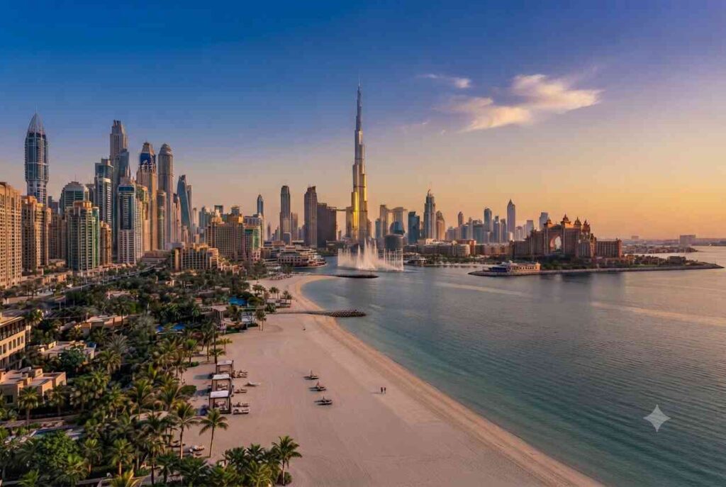 Dubai tourist spots including Burj Khalifa, Palm Jumeirah, and Dubai Marina.