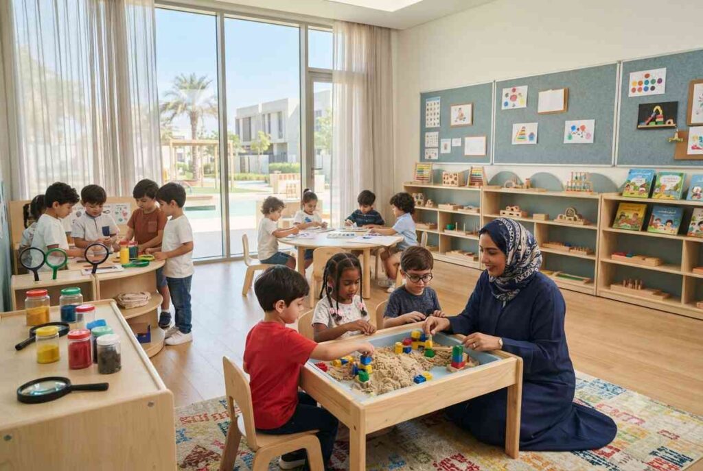 Early childhood education teacher leading interactive classroom activities in a UAE preschool