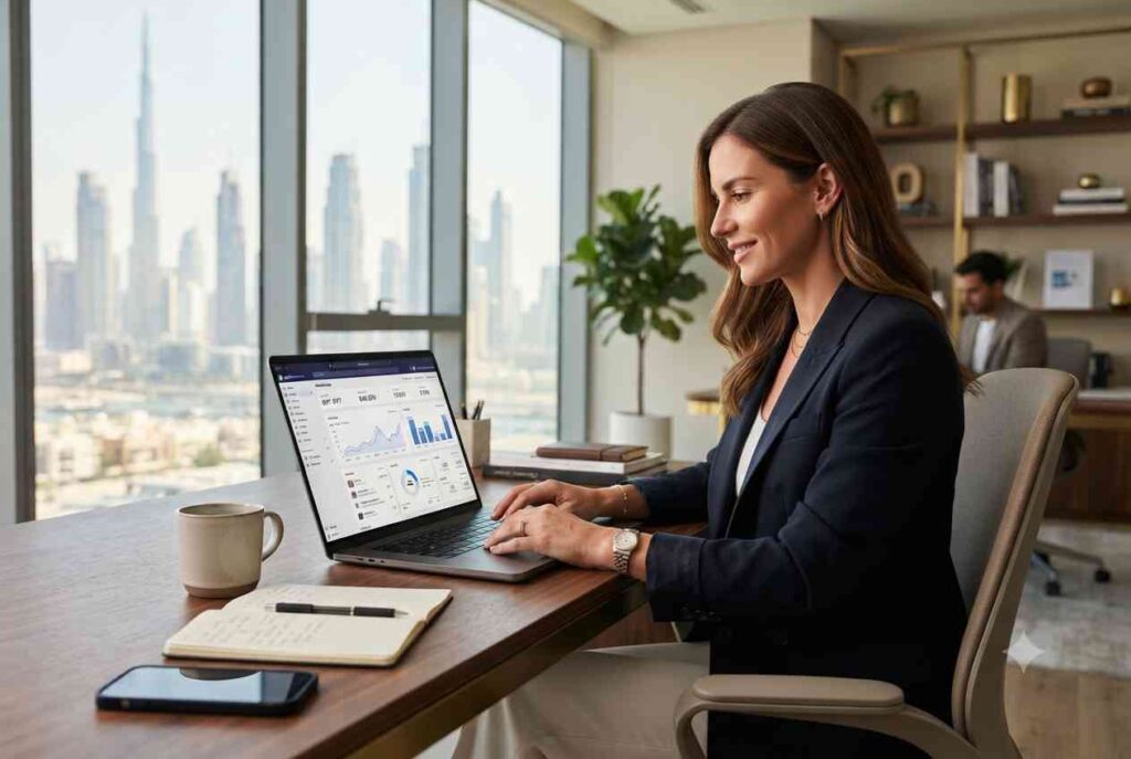 Entrepreneur setting up an ecommerce business in Dubai with a laptop and city skyline