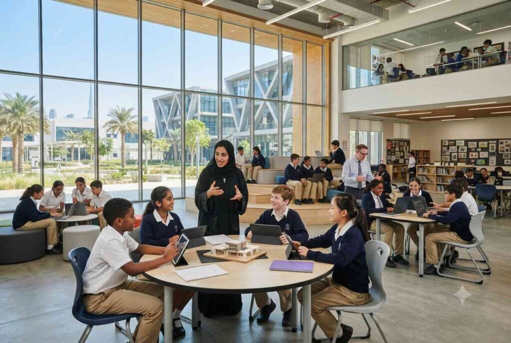 Teachers working in a modern international school in Dubai