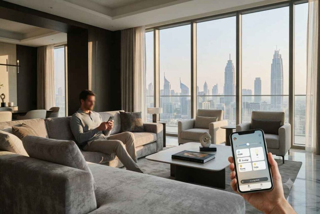 Resident using Emaar digital property management app in a modern Dubai apartment