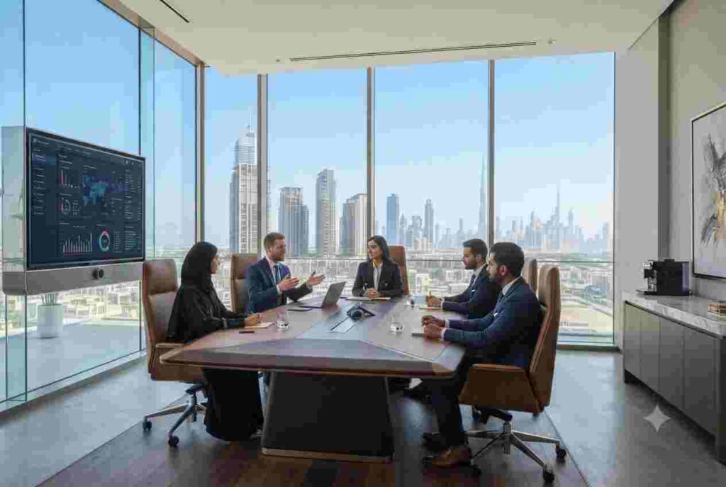 Professional employees working in a modern corporate office in Dubai