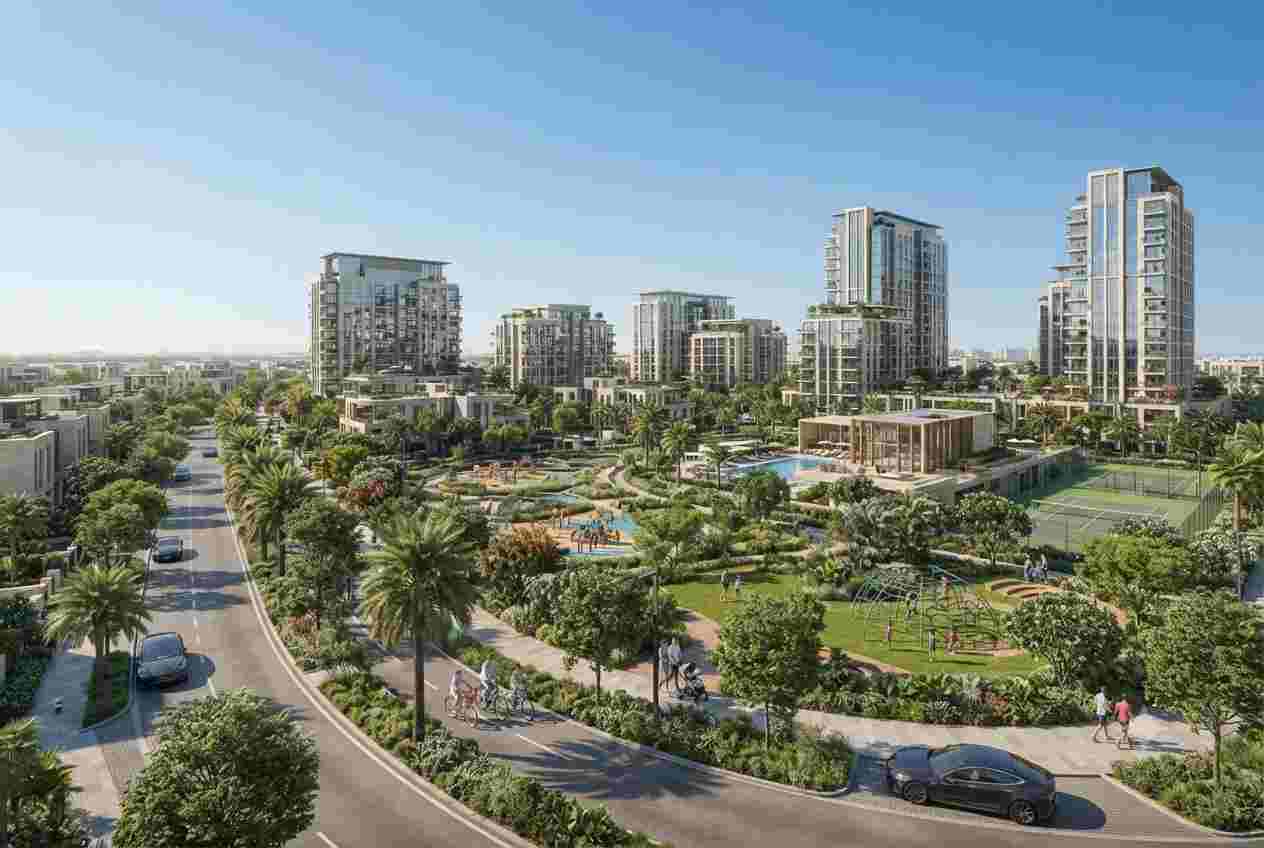 Modern Emaar community in Dubai with villas, apartments, parks, and landscaped streets