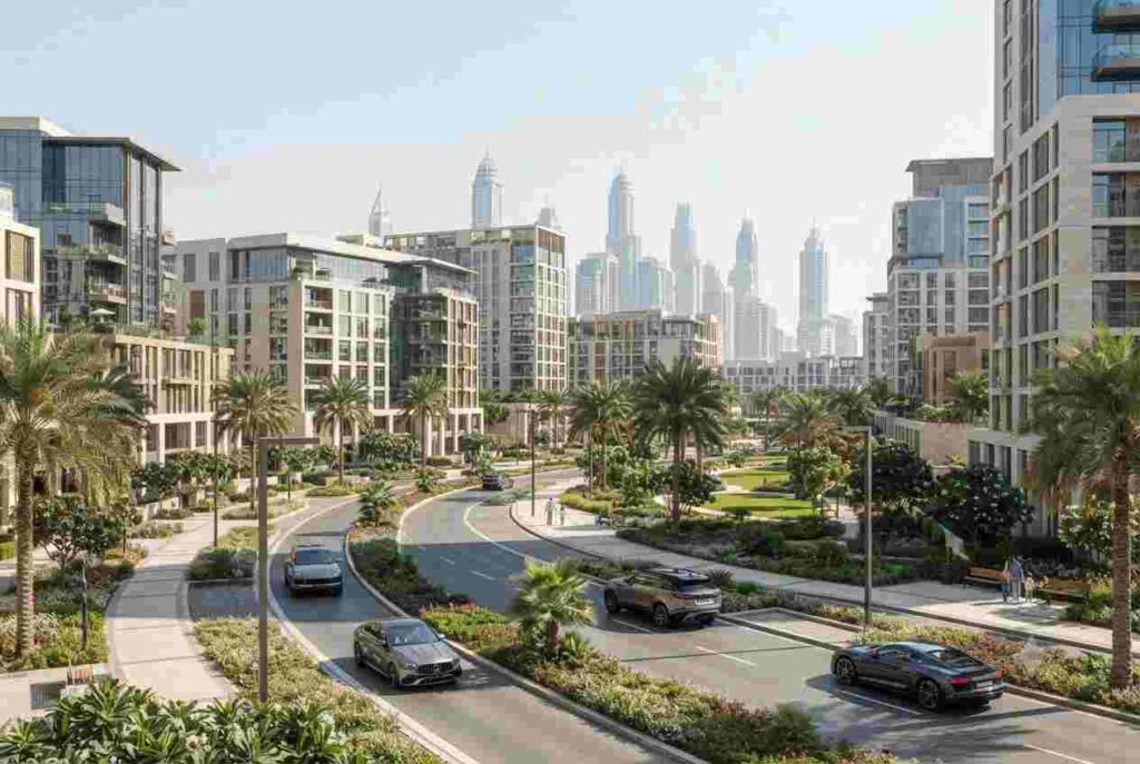 Modern Emaar residential development in Dubai with luxury apartments and landscaped surroundings