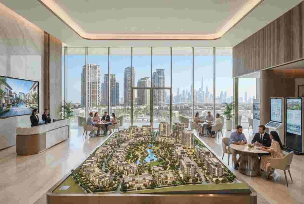 Modern Emaar sales center with property displays in Dubai