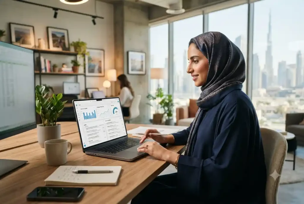 Small business owner managing email marketing campaigns in a modern UAE office