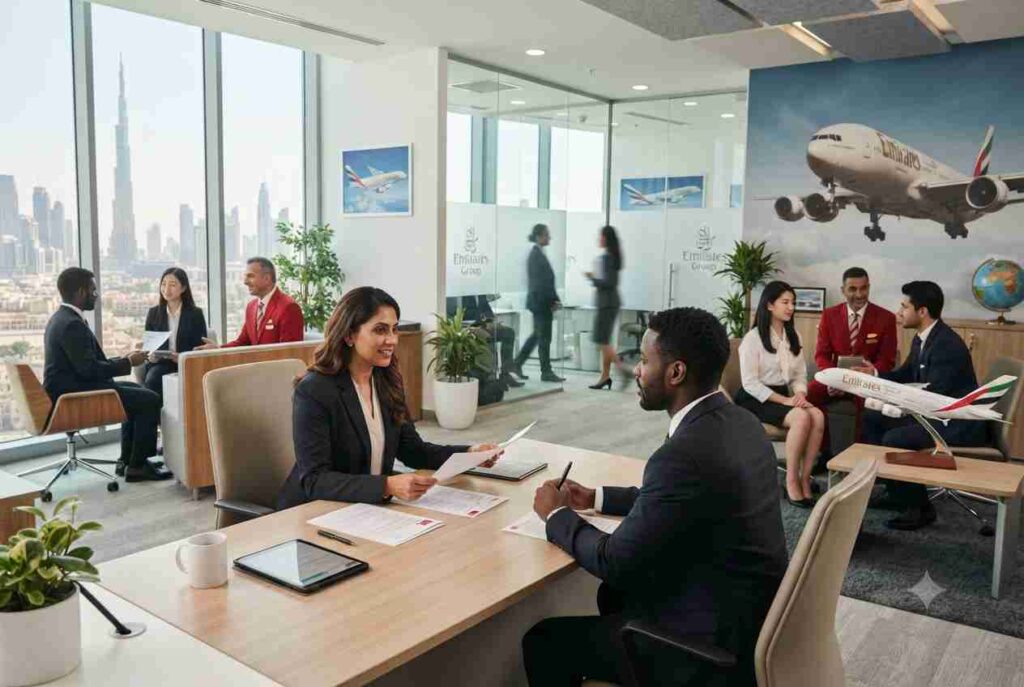 Professionals applying for Emirates Group career opportunities in Dubai.