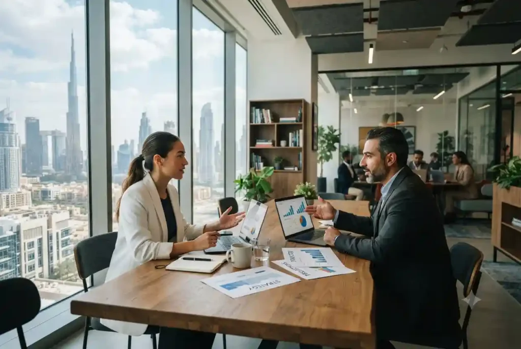 Entrepreneur discussing startup plans with a business advisor in a modern UAE office.