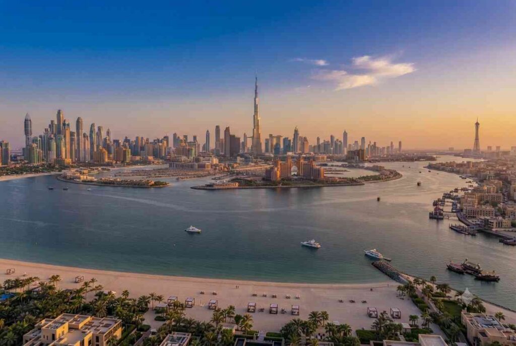 Famous places in Dubai featuring Burj Khalifa, Palm Jumeirah, and Dubai Marina.