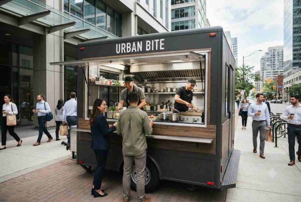Modern food truck serving customers in a commercial district