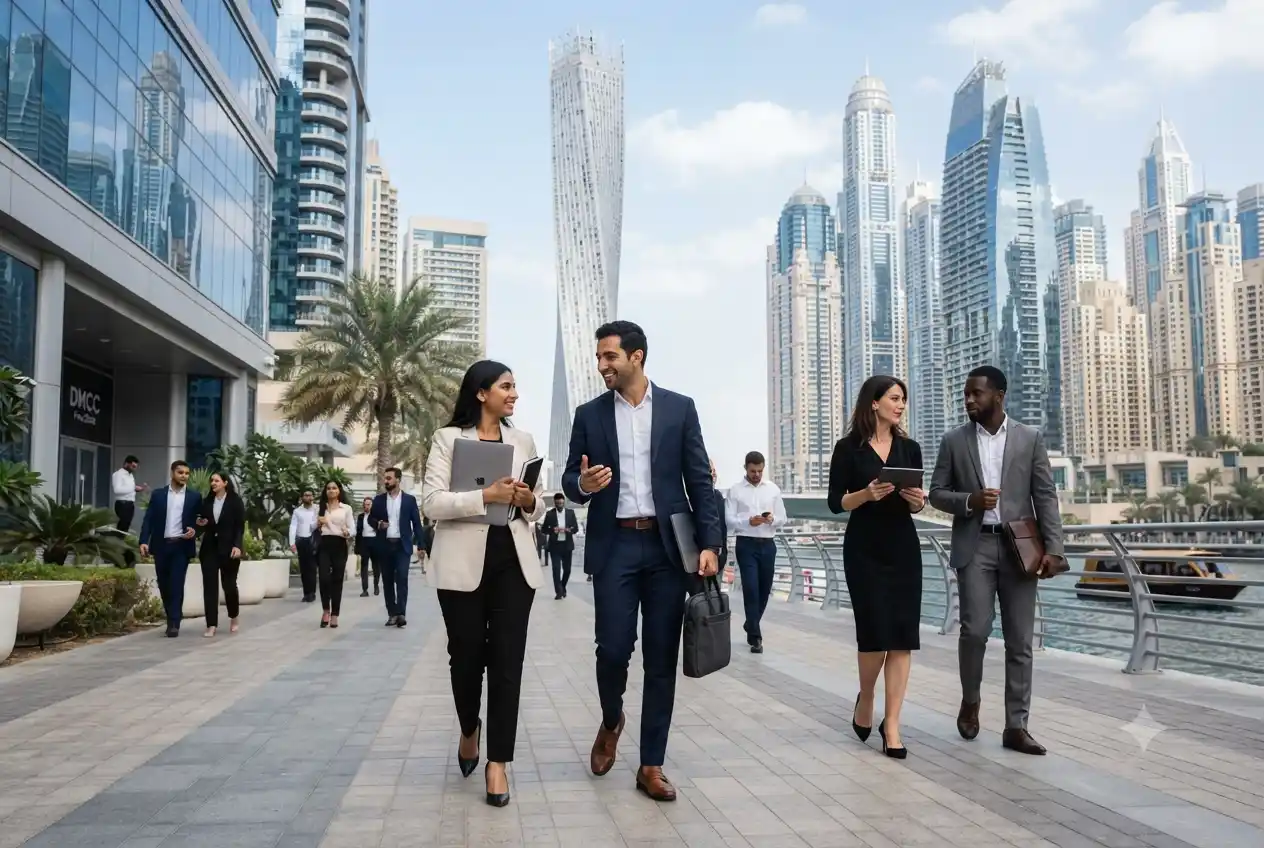 Dubai free zone office buildings and business professionals