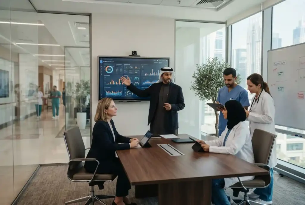Healthcare administrators managing hospital operations in a modern UAE healthcare facility.