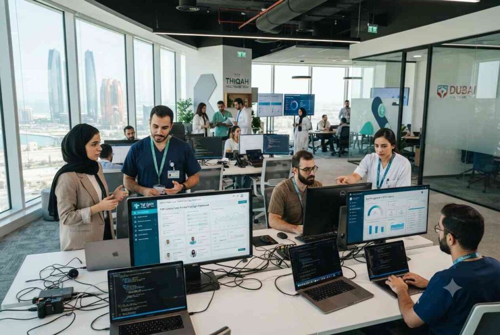 Software developers building healthcare applications with medical professionals in a modern UAE office.