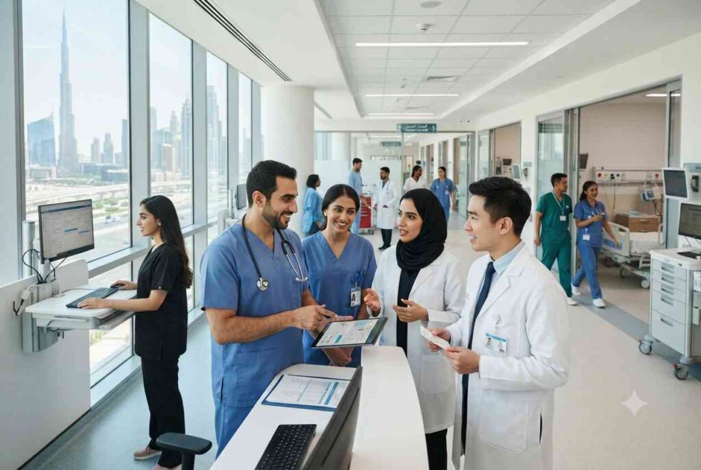 Healthcare professionals working together in a modern UAE hospital.