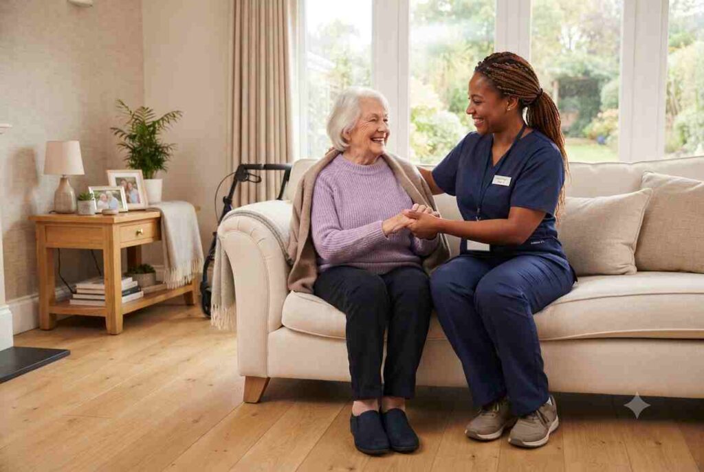 Professional caregiver providing home care assistance to a senior client